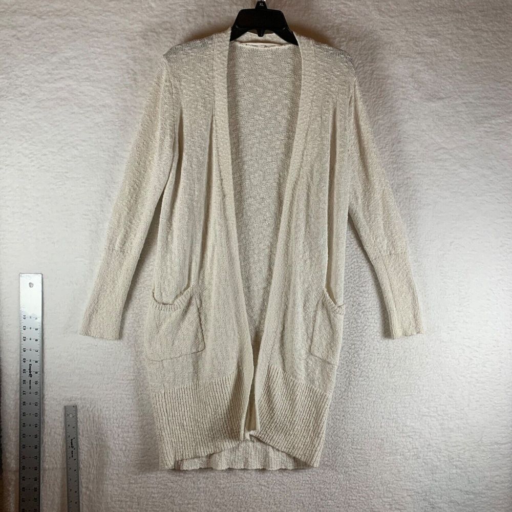 Athleta Women's Open Front Cotton Blend Off White Long Knit Cardigan Pockets‎ M
